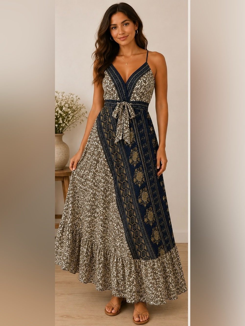 Celina- Flowy Maxi Bohemian V-Neck Dress in Navy and Cream - Beach wear One Size
